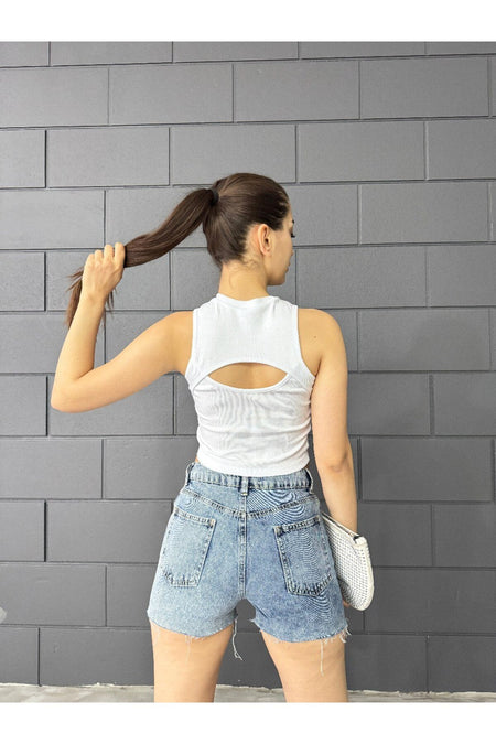 Women's Ribbed Crew Neck Back Window Detail Fitted Crop Top Blouse White - MALLTURK