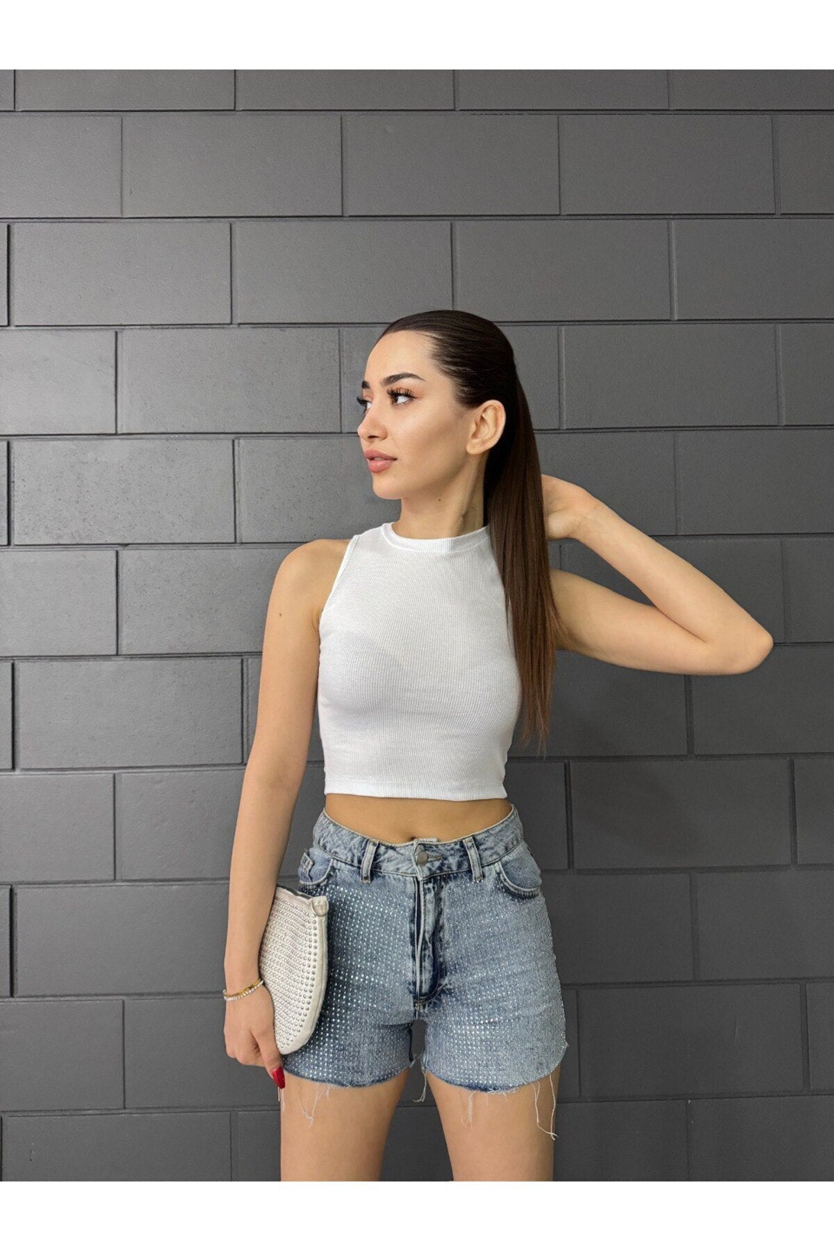 Women's Ribbed Crew Neck Back Window Detail Fitted Crop Top Blouse White - MALLTURK