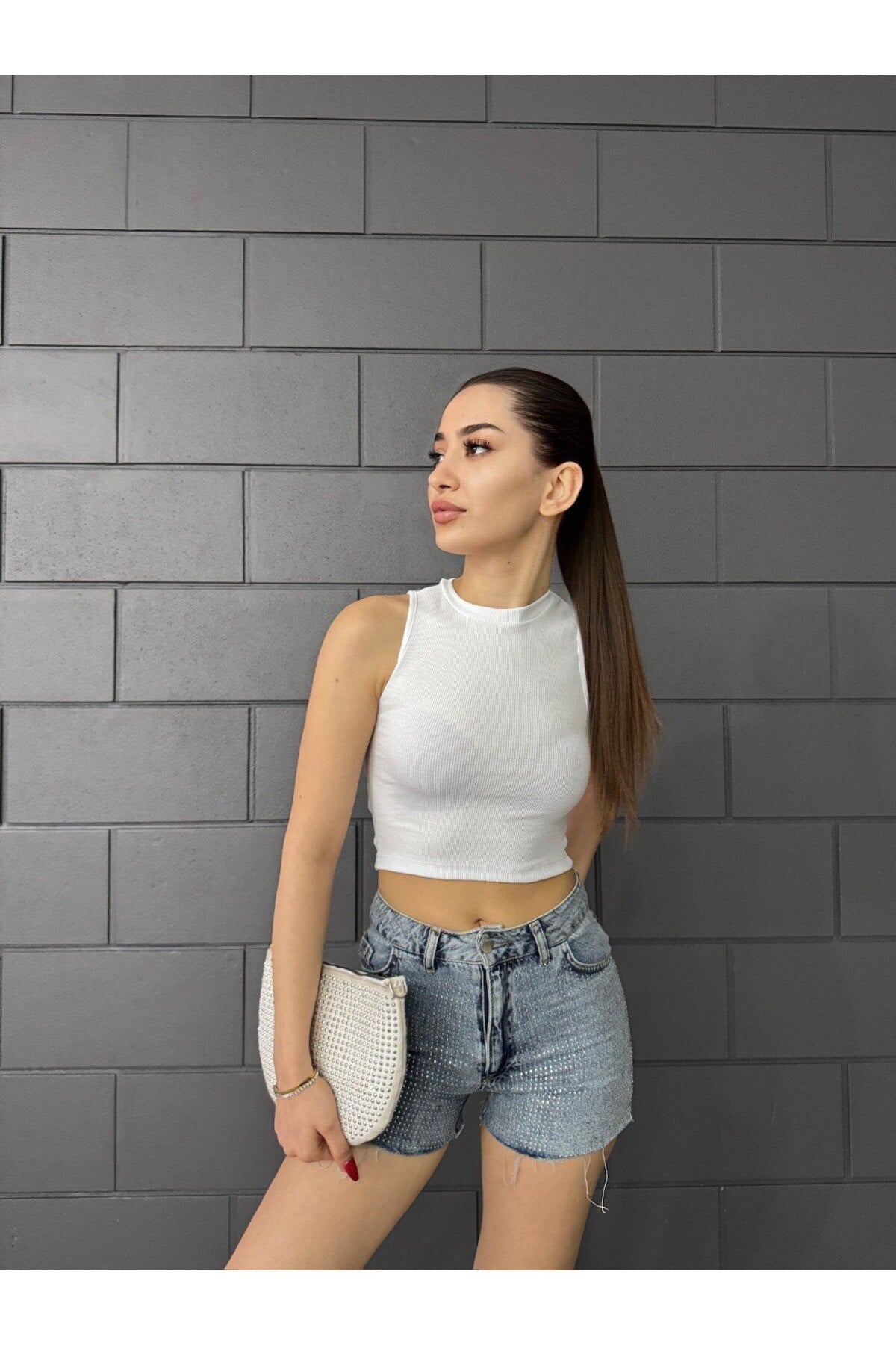 Women's Ribbed Crew Neck Back Window Detail Fitted Crop Top Blouse White - MALLTURK