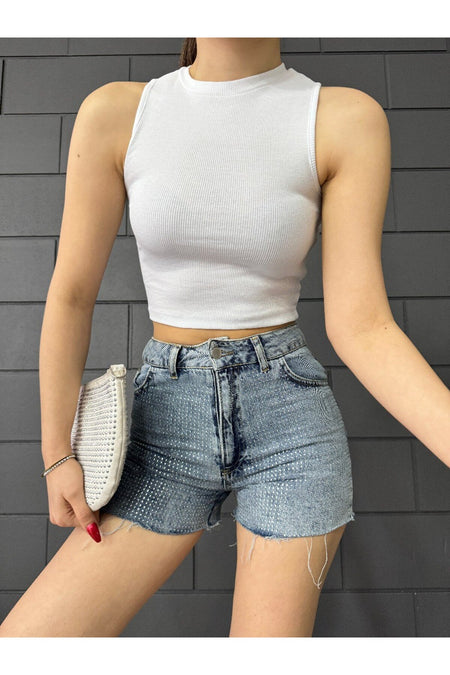 Women's Ribbed Crew Neck Back Window Detail Fitted Crop Top Blouse White - MALLTURK