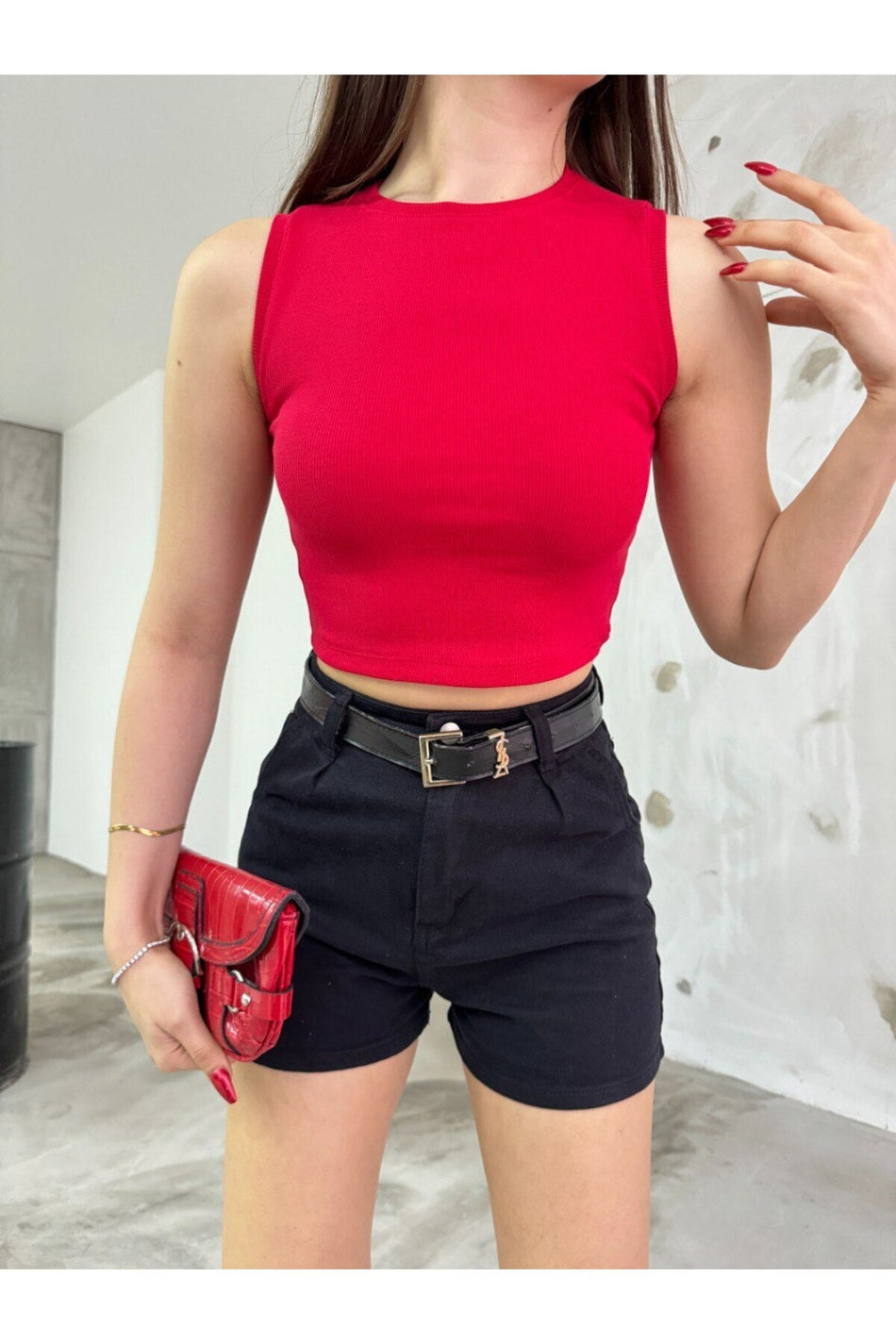 Women's Ribbed Crew Neck Sleeveless Fitted Crop Top Blouse Red - MALLTURK