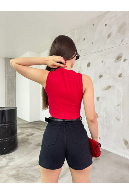 Women's Ribbed Crew Neck Sleeveless Fitted Crop Top Blouse Red - MALLTURK