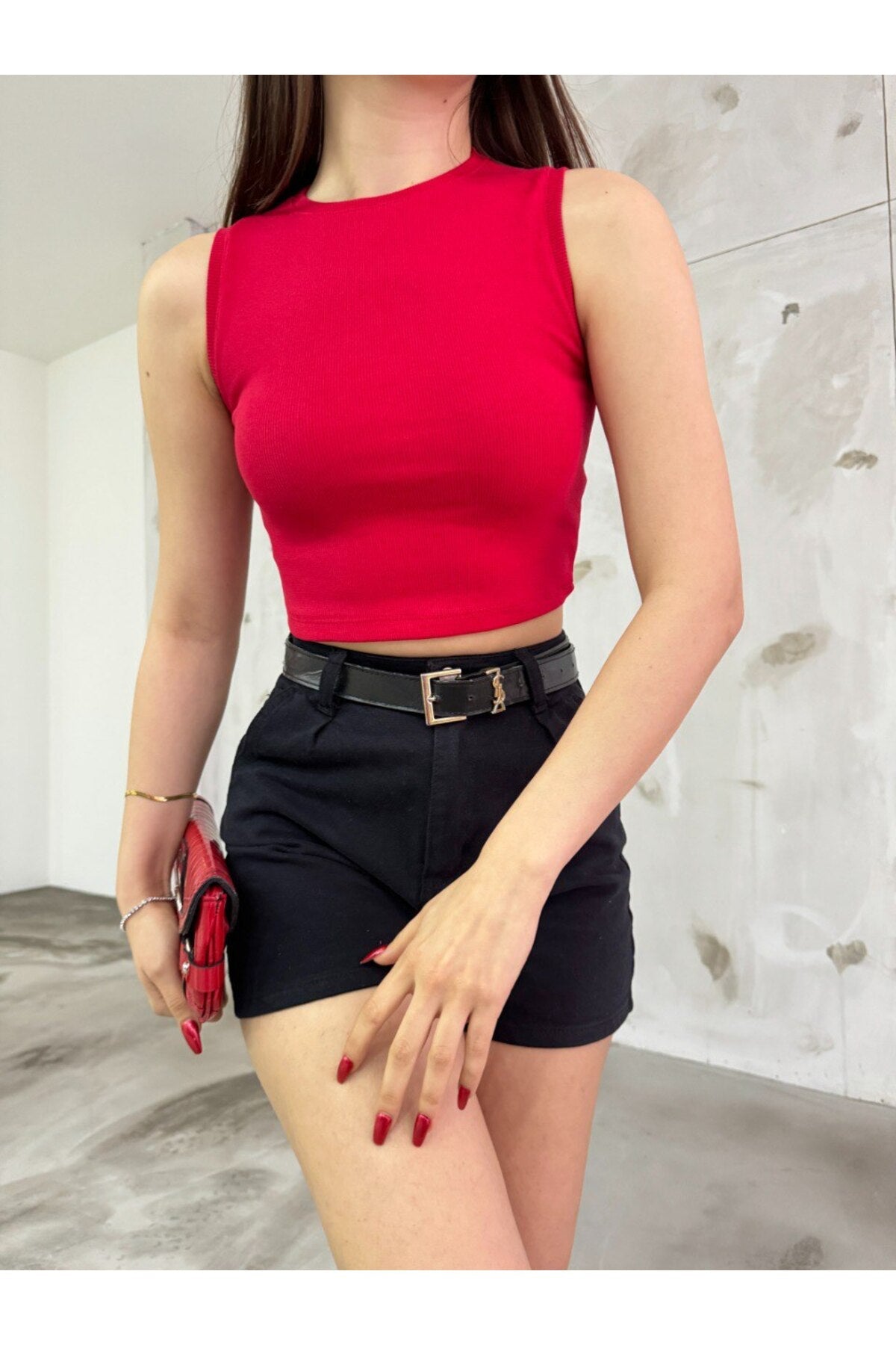 Women's Ribbed Crew Neck Sleeveless Fitted Crop Top Blouse Red - MALLTURK