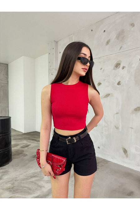 Women's Ribbed Crew Neck Sleeveless Fitted Crop Top Blouse Red - MALLTURK