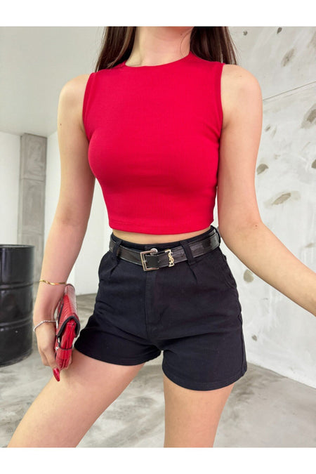 Women's Ribbed Crew Neck Sleeveless Fitted Crop Top Blouse Red - MALLTURK
