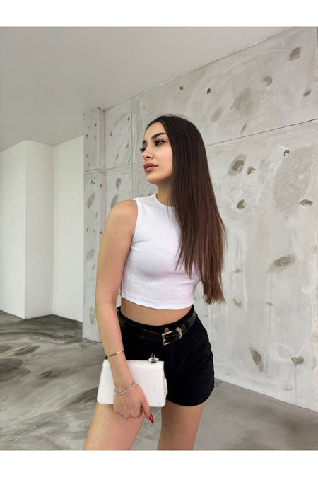 Women's Ribbed Crew Neck Sleeveless Fitted Crop Top Blouse White - MALLTURK
