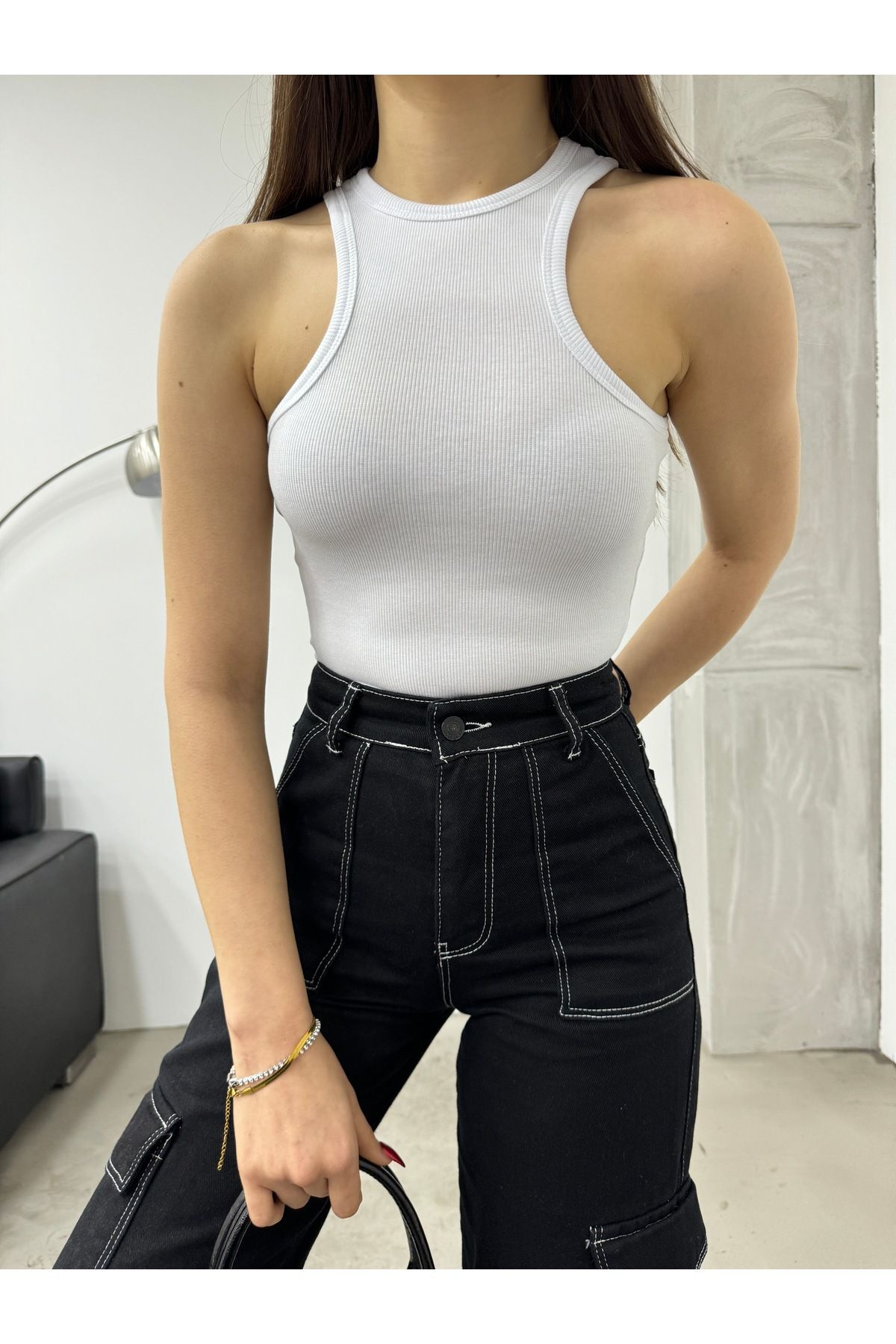 Women's Ribbed Halter Neck Fitted Sleeveless Blouse White - MALLTURK