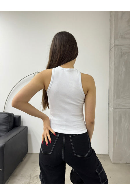 Women's Ribbed Halter Neck Fitted Sleeveless Blouse White - MALLTURK