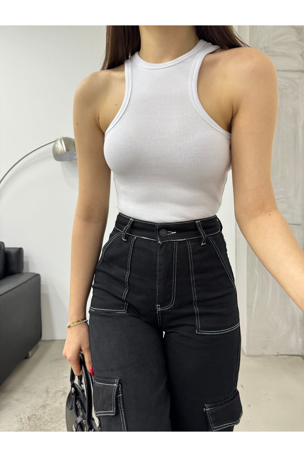 Women's Ribbed Halter Neck Fitted Sleeveless Blouse White - MALLTURK