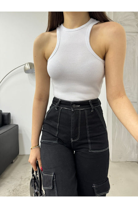 Women's Ribbed Halter Neck Fitted Sleeveless Blouse White - MALLTURK
