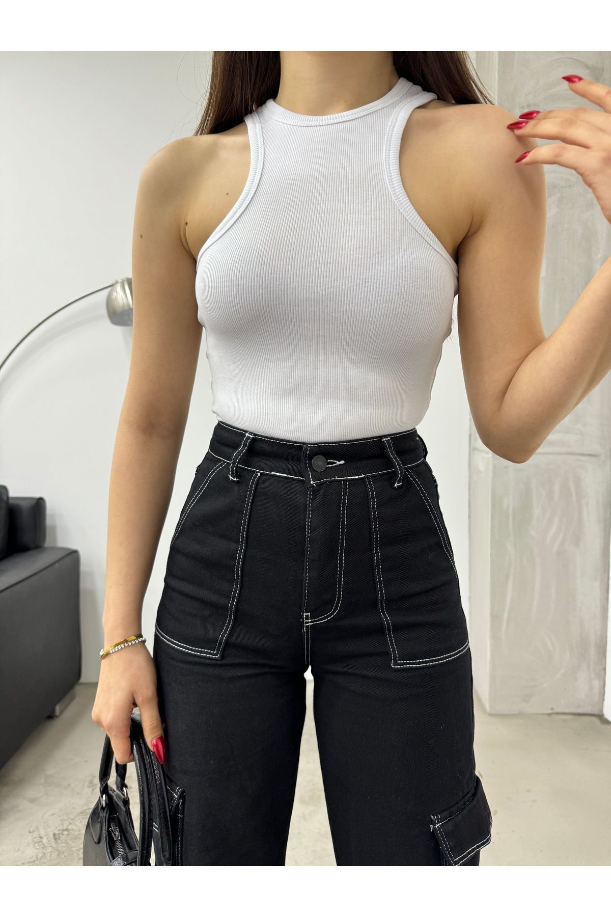 Women's Ribbed Halter Neck Fitted Sleeveless Blouse White - MALLTURK