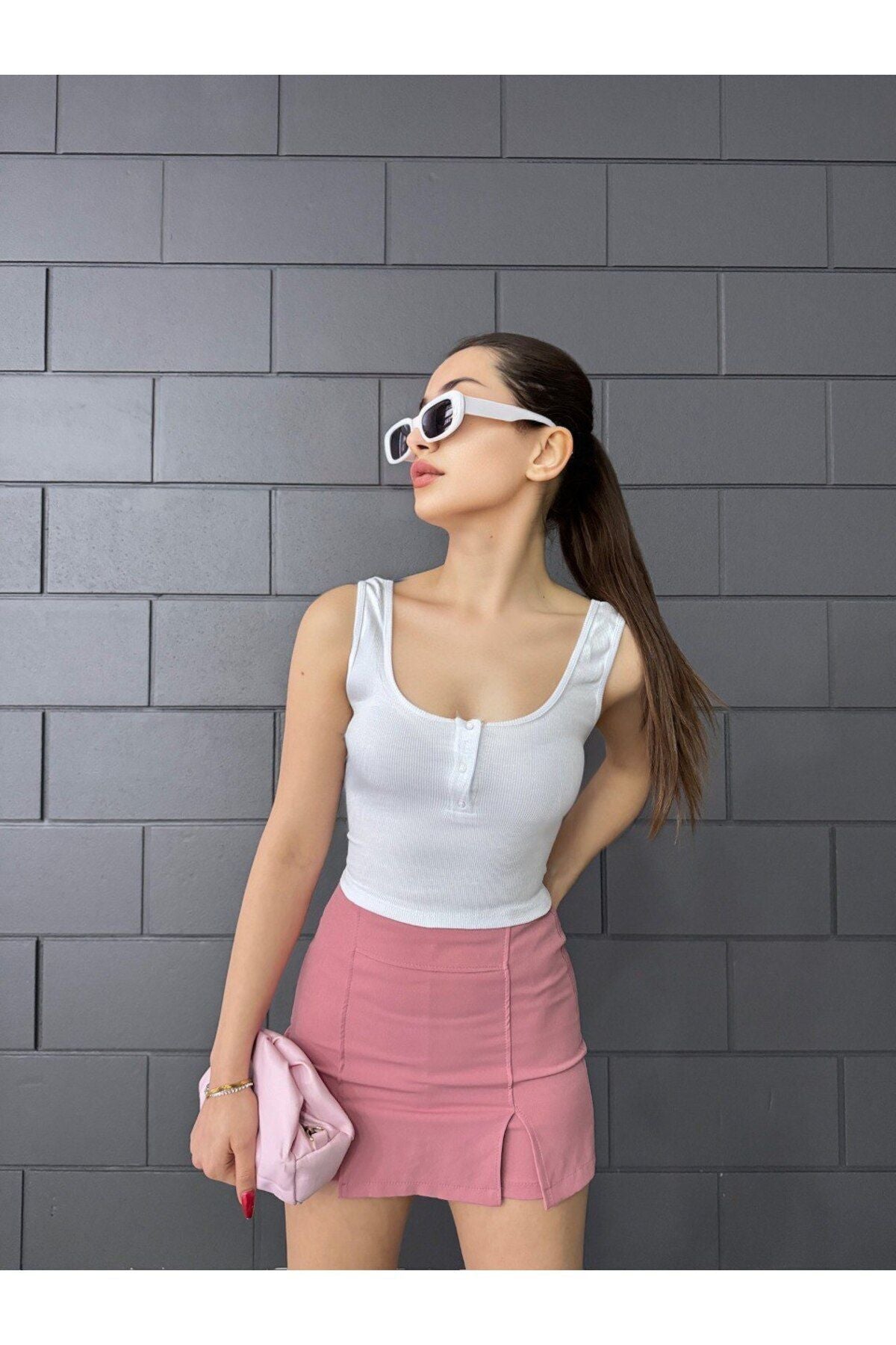 Women's Ribbed Thick Strap Square Neck Fitted Sleeveless Blouse WHITE - MALLTURK