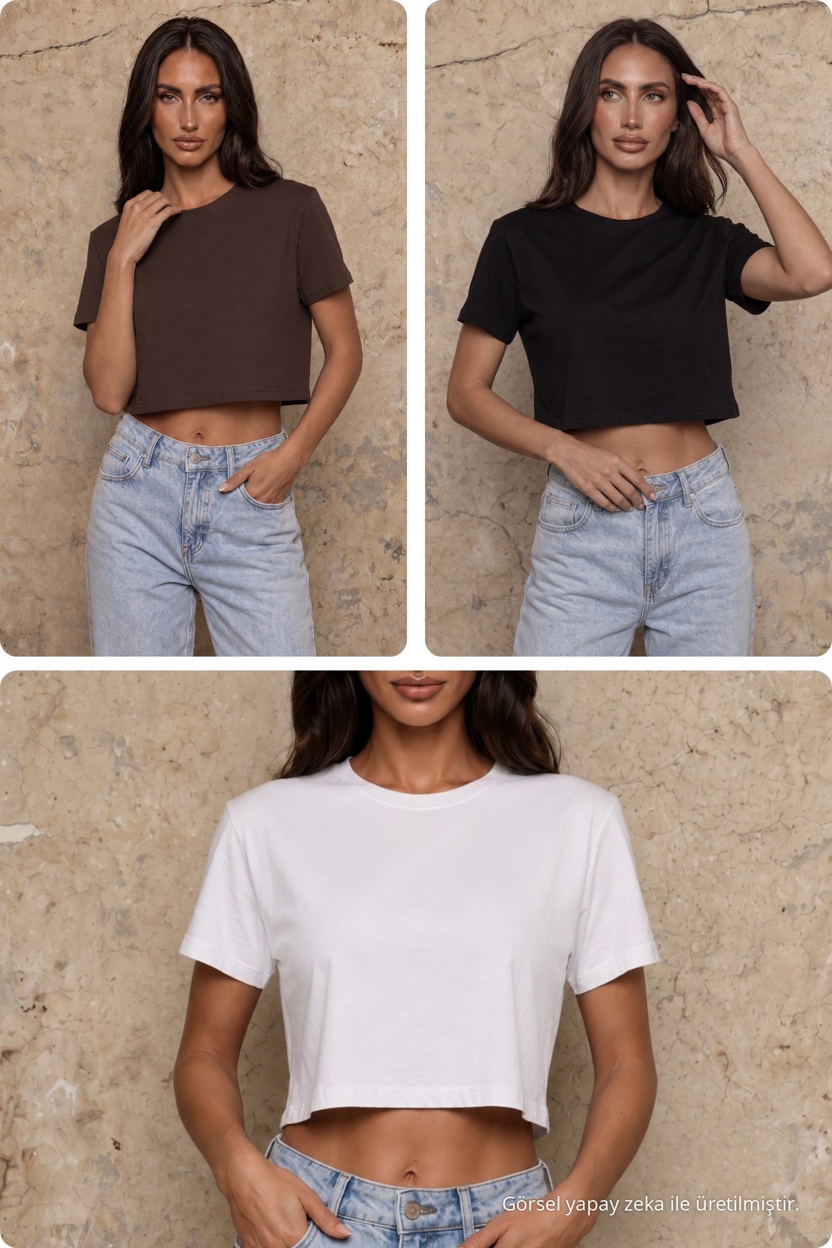 Women's Round Neck Relaxed Fit Short Sleeve Basic 3-Pack Crop T-Shirt, Multicolored - MALLTURK