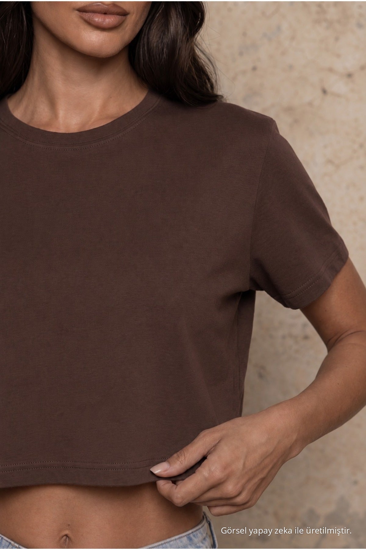 Women's Round Neck Relaxed Fit Short Sleeve Basic Crop T-Shirt Brown - MALLTURK