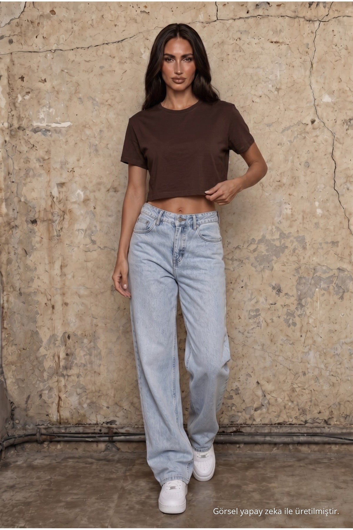 Women's Round Neck Relaxed Fit Short Sleeve Basic Crop T-Shirt Brown - MALLTURK