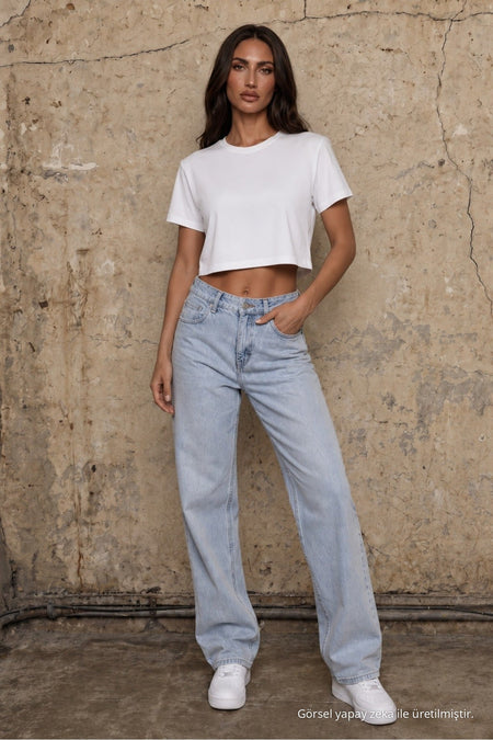 Women's Round Neck Relaxed Fit Short Sleeve Basic Crop T-Shirt WHITE - MALLTURK