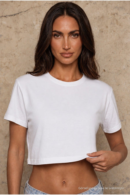 Women's Round Neck Relaxed Fit Short Sleeve Basic Crop T-Shirt WHITE - MALLTURK