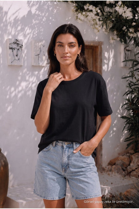 Women's Round Neck Relaxed Fit Short Sleeve Basic T-Shirt BLACK - MALLTURK