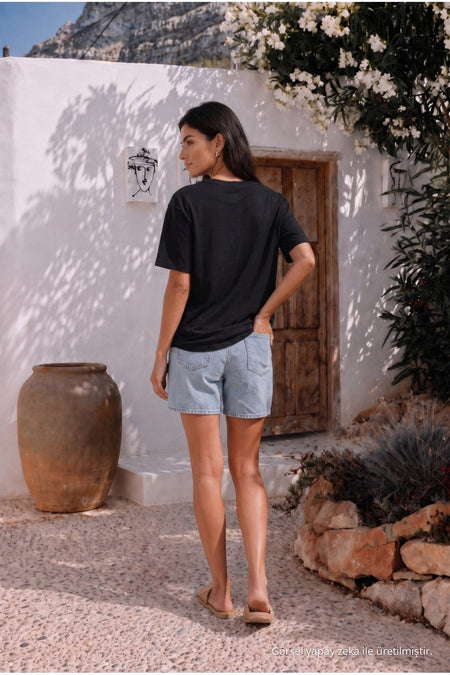 Women's Round Neck Relaxed Fit Short Sleeve Basic T-Shirt BLACK - MALLTURK