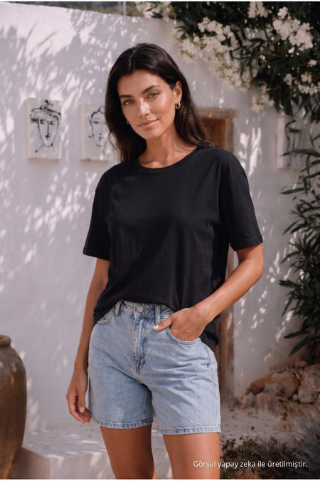 Women's Round Neck Relaxed Fit Short Sleeve Basic T-Shirt BLACK - MALLTURK