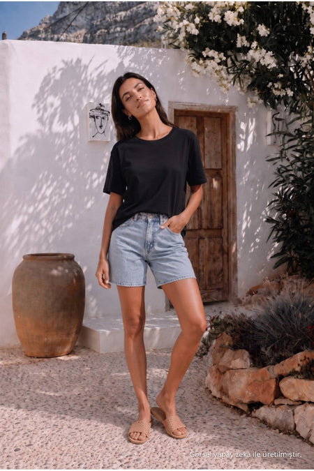 Women's Round Neck Relaxed Fit Short Sleeve Basic T-Shirt BLACK - MALLTURK