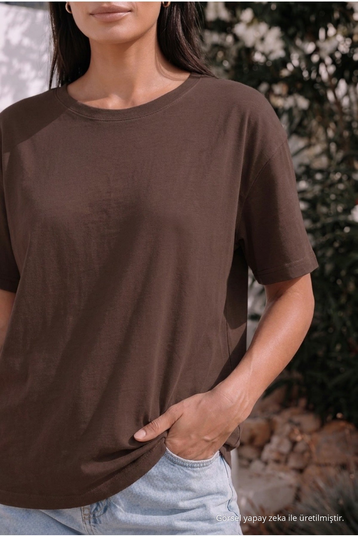 Women's Round Neck Relaxed Fit Short Sleeve Basic T-Shirt Brown - MALLTURK