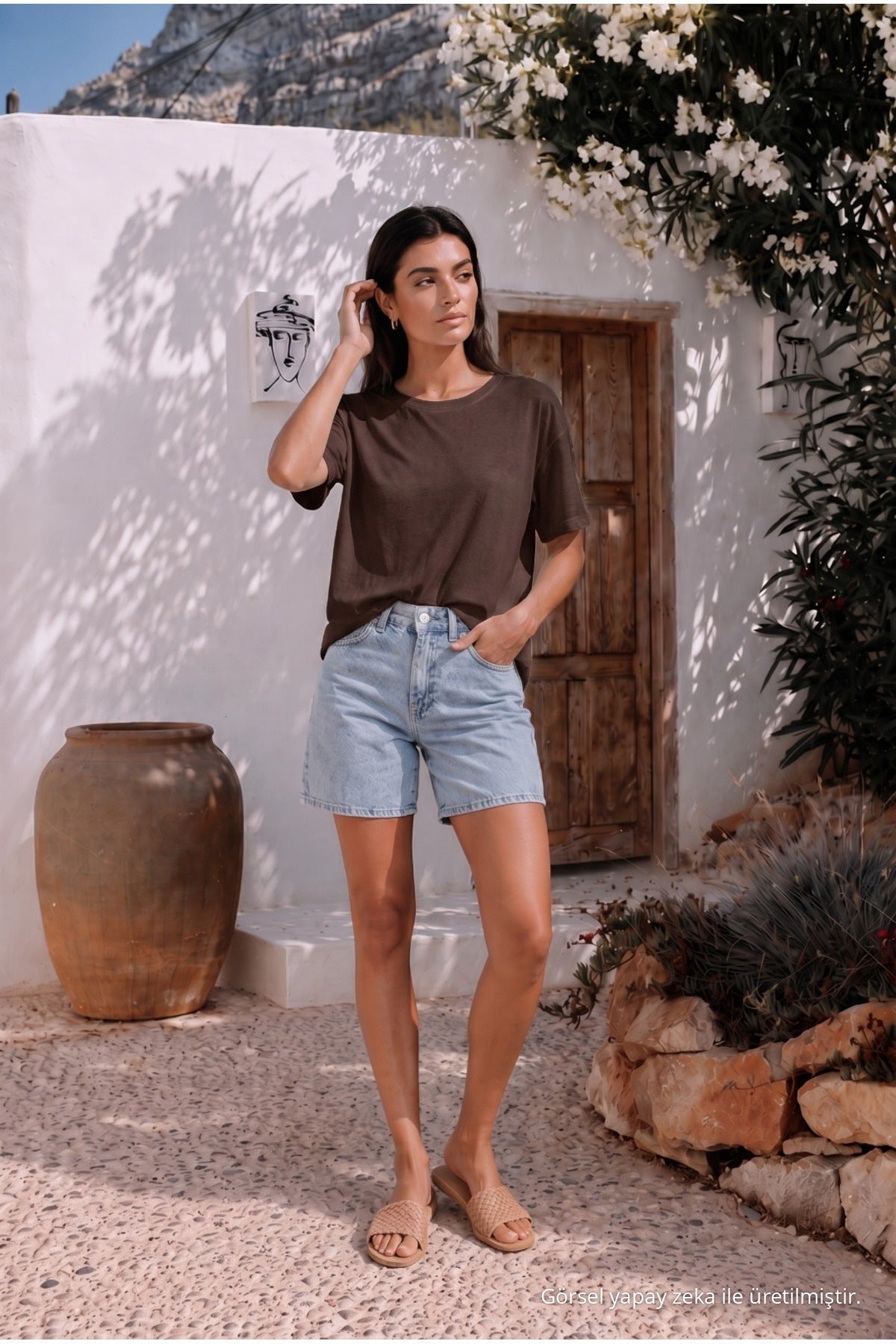 Women's Round Neck Relaxed Fit Short Sleeve Basic T-Shirt Brown - MALLTURK