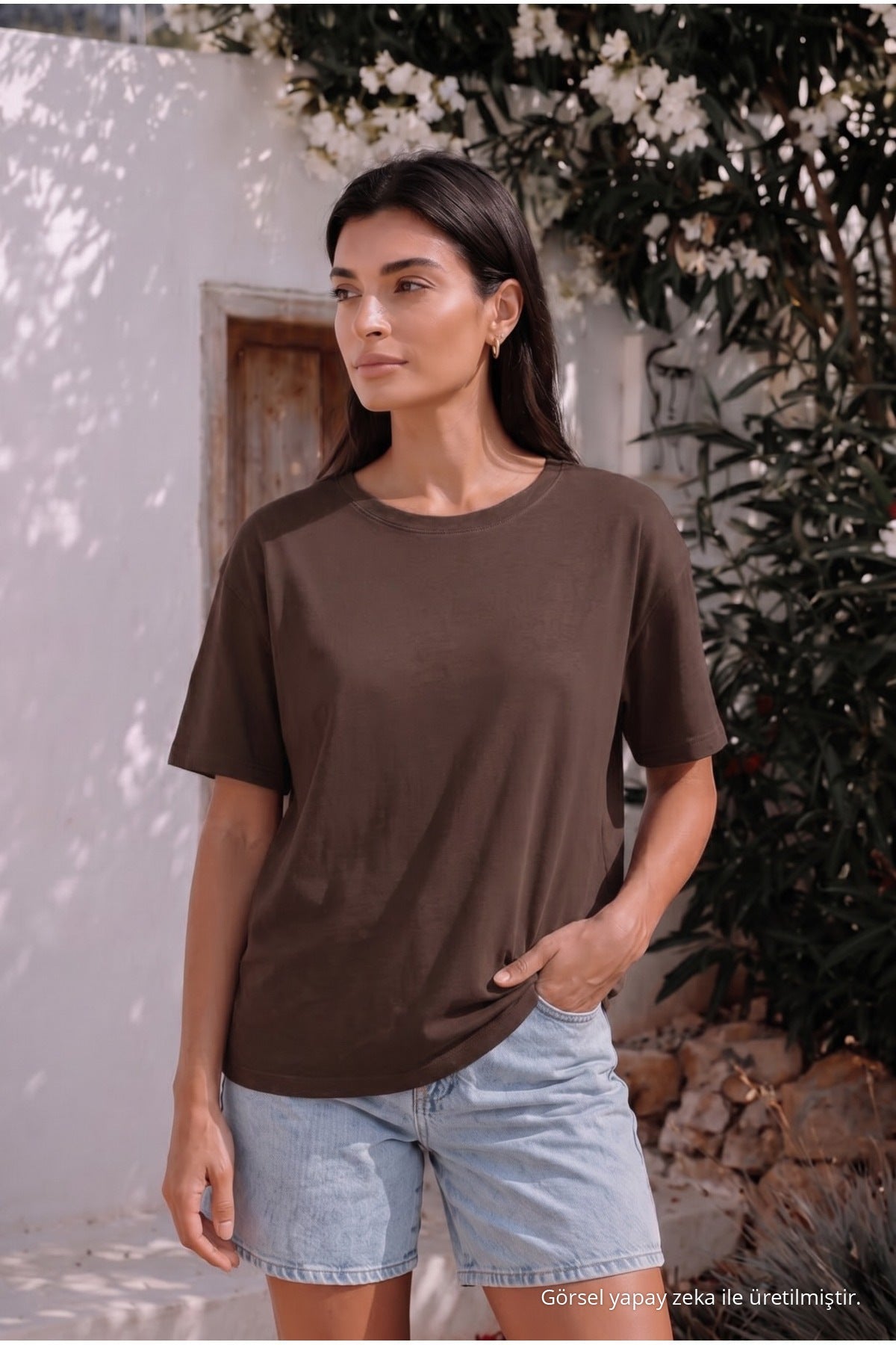 Women's Round Neck Relaxed Fit Short Sleeve Basic T-Shirt Brown - MALLTURK