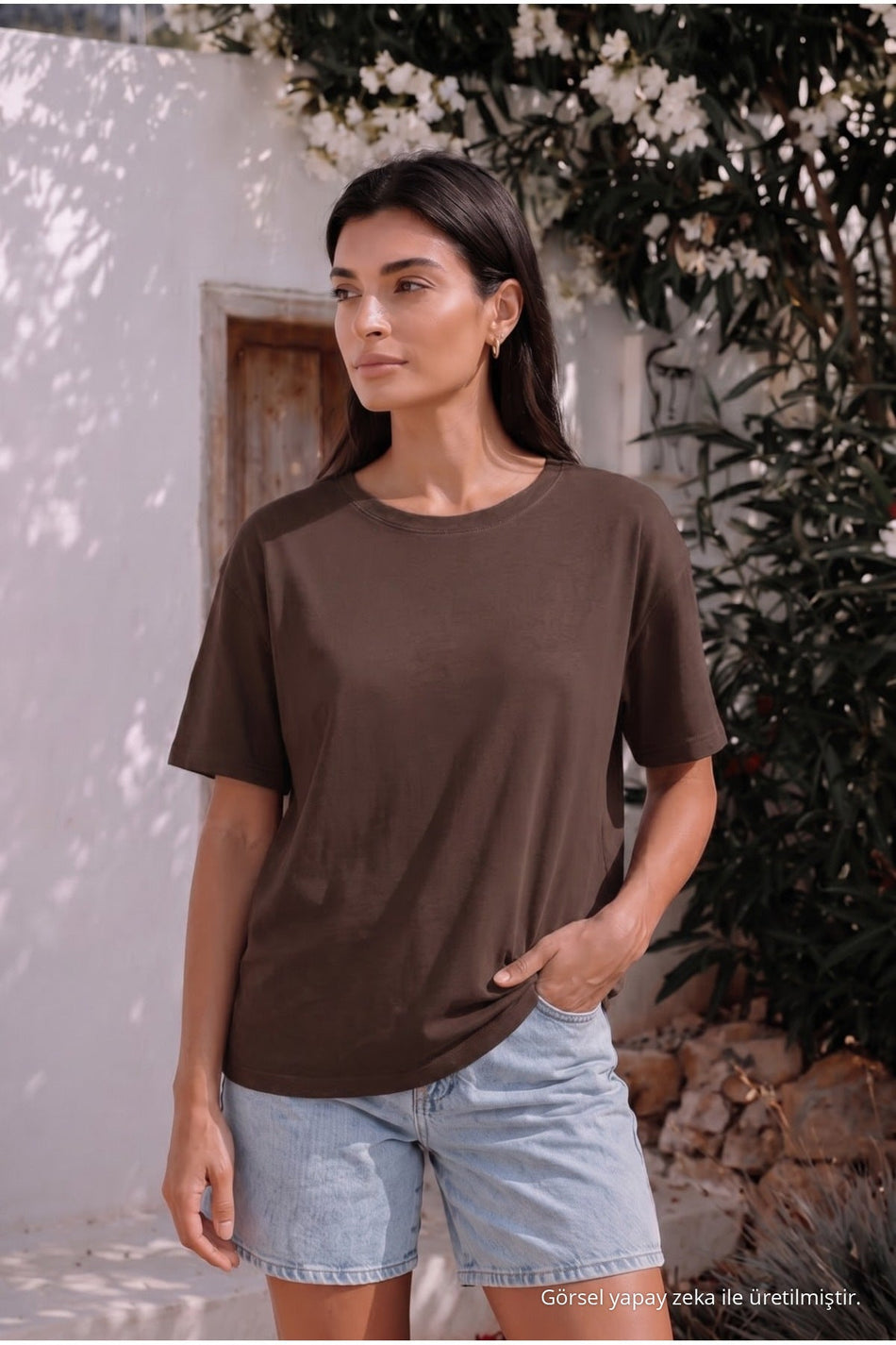 Women's Round Neck Relaxed Fit Short Sleeve Basic T-Shirt Brown - MALLTURK