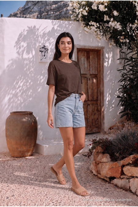 Women's Round Neck Relaxed Fit Short Sleeve Basic T-Shirt Brown - MALLTURK