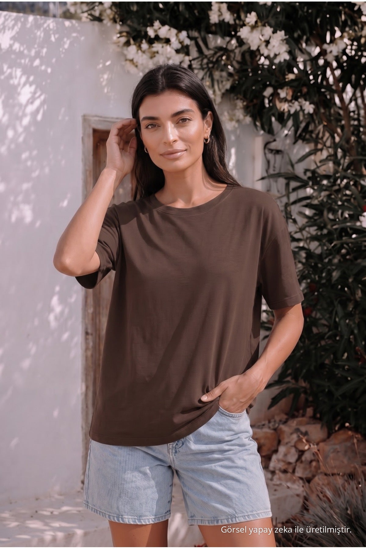 Women's Round Neck Relaxed Fit Short Sleeve Basic T-Shirt Brown - MALLTURK