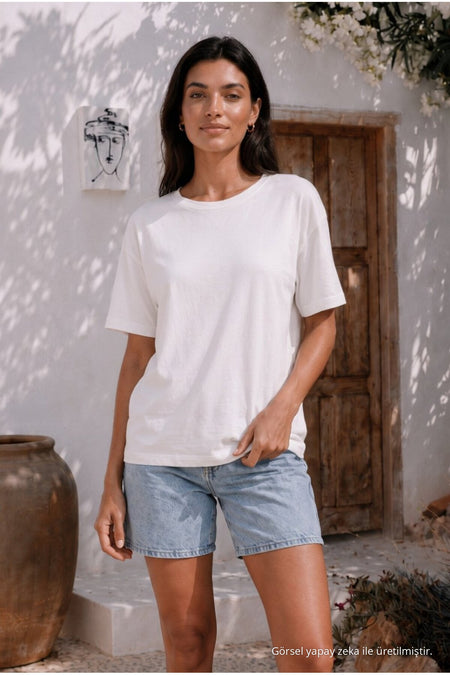 Women's Round Neck Relaxed Fit Short Sleeve Basic T-Shirt WHITE - MALLTURK