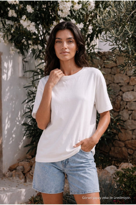 Women's Round Neck Relaxed Fit Short Sleeve Basic T-Shirt WHITE - MALLTURK