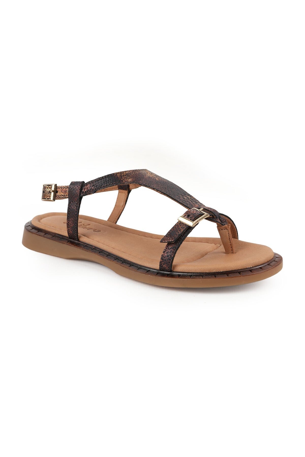Women's Sandals Antique Snake Pattern Buckle Detailed Flip-Flop Flat Flexible Thermo Sole Summer L082.26614 - MALLTURK