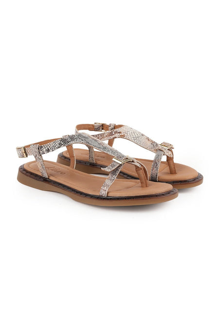 Women's Sandals Antique Snake Pattern Buckle Detailed Flip-Flop Flat Flexible Thermo Sole Summer L082.26614 - MALLTURK