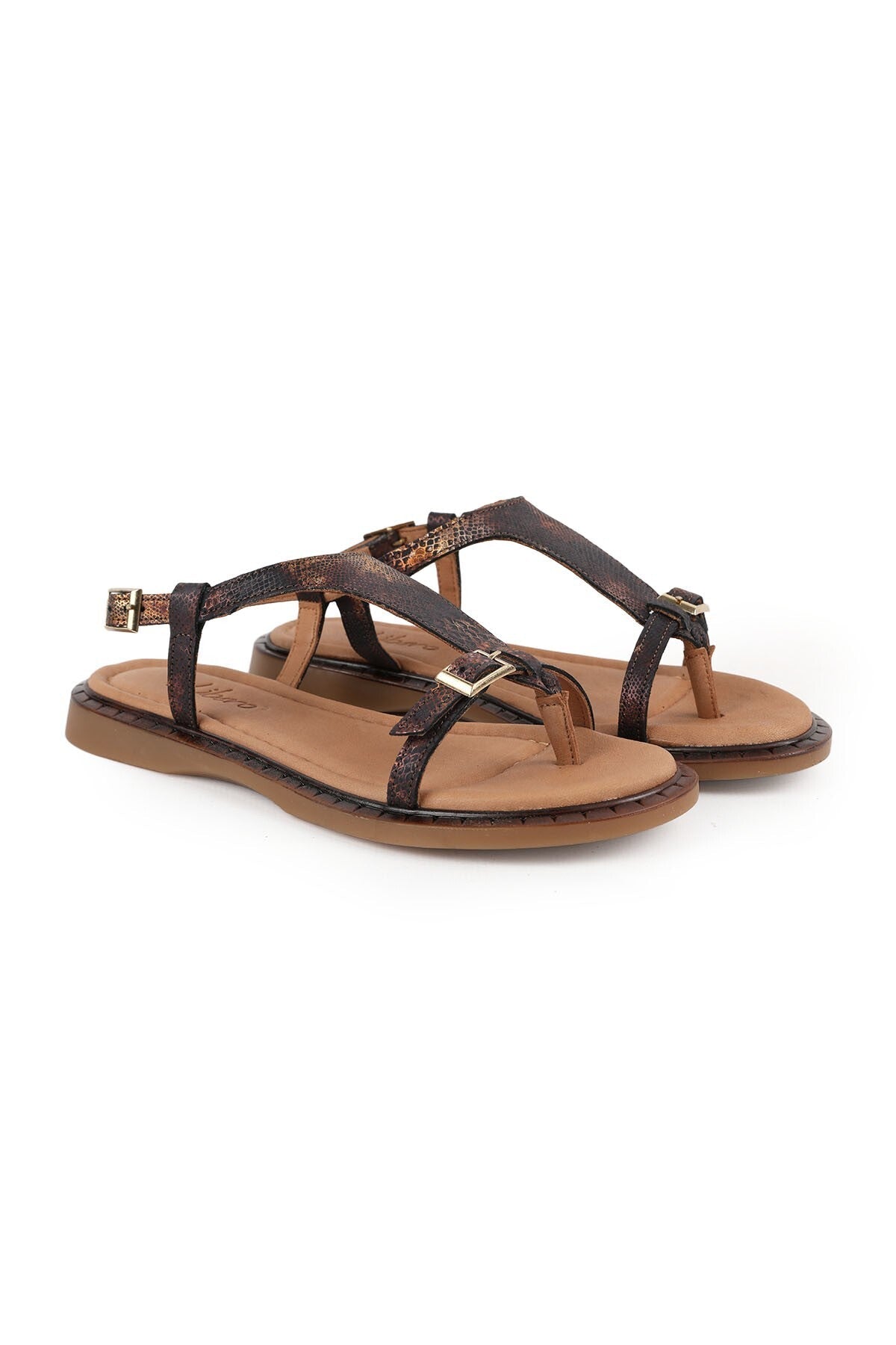 Women's Sandals Antique Snake Pattern Buckle Detailed Flip-Flop Flat Flexible Thermo Sole Summer L082.26614 - MALLTURK