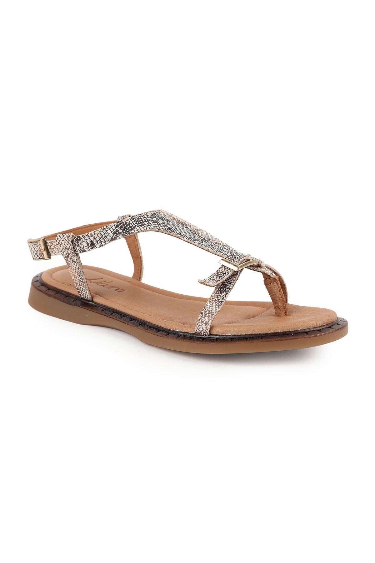 Women's Sandals Antique Snake Pattern Buckle Detailed Flip-Flop Flat Flexible Thermo Sole Summer L082.26614 - MALLTURK