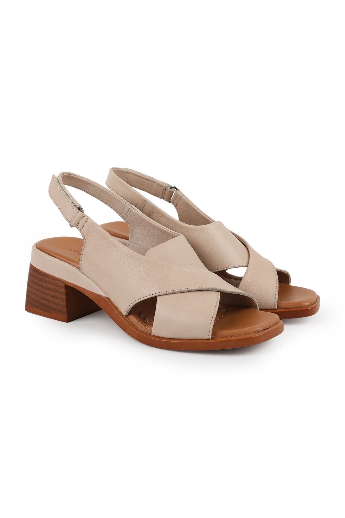 Women's Sandals Cross Wide Strap Sling-Back Thick Medium Heel Leather L078.12101 - MALLTURK