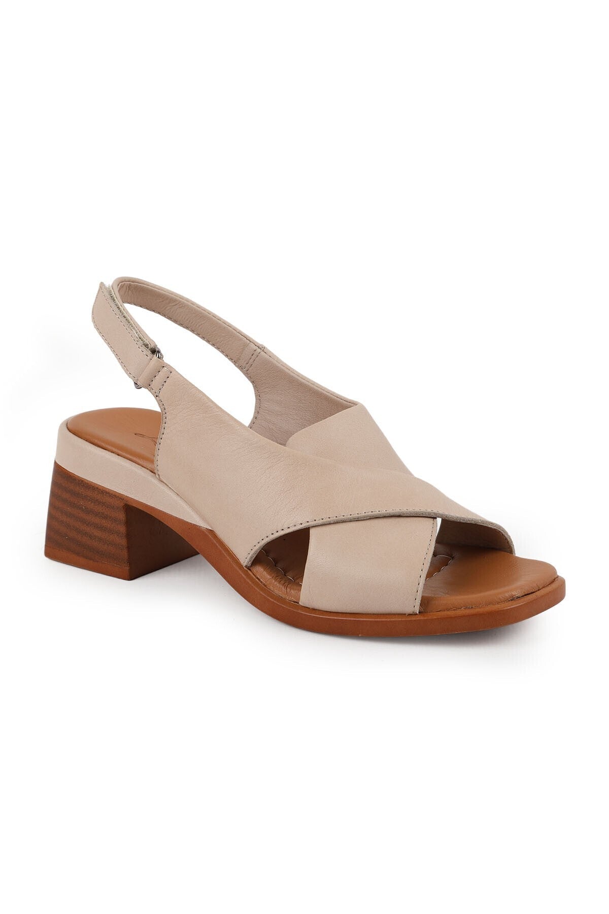 Women's Sandals Cross Wide Strap Sling-Back Thick Medium Heel Leather L078.12101 - MALLTURK