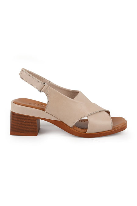 Women's Sandals Cross Wide Strap Sling-Back Thick Medium Heel Leather L078.12101 - MALLTURK