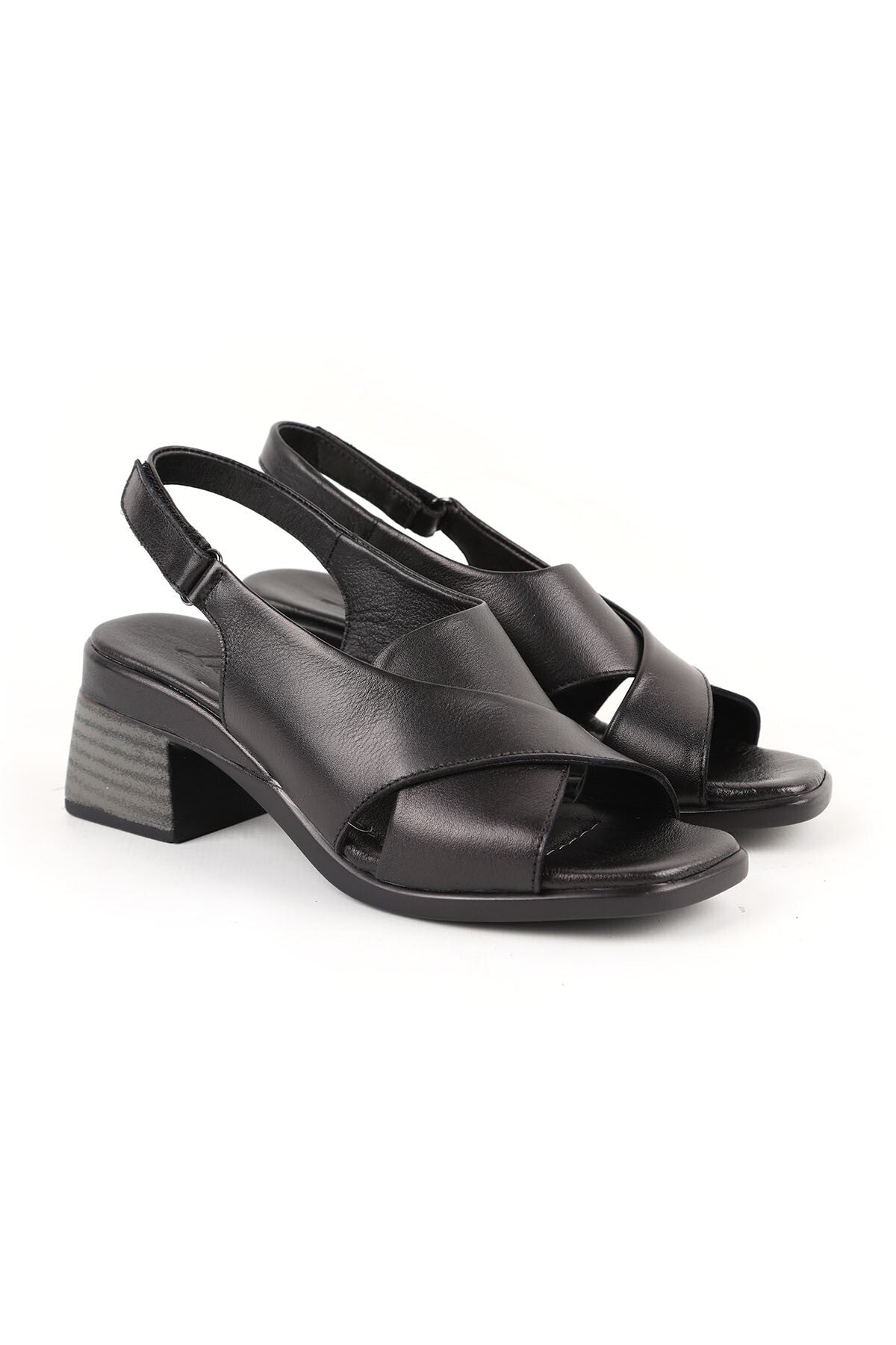 Women's Sandals Cross Wide Strap Sling-Back Thick Medium Heel Leather L078.12101 - MALLTURK