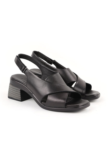 Women's Sandals Cross Wide Strap Sling-Back Thick Medium Heel Leather L078.12101 - MALLTURK