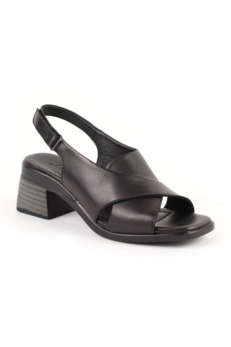 Women's Sandals Cross Wide Strap Sling-Back Thick Medium Heel Leather L078.12101 - MALLTURK