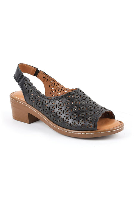 Women's Sandals Laser Cut Sling-Back Thick Short Heeled Mother Shoes Artificial Leather L078.9504 - MALLTURK