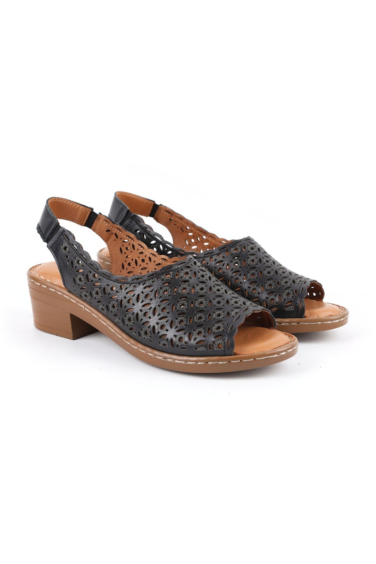 Women's Sandals Laser Cut Sling-Back Thick Short Heeled Mother Shoes Artificial Leather L078.9504 - MALLTURK