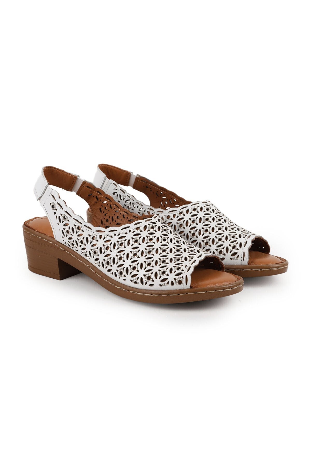 Women's Sandals Laser Cut Sling-Back Thick Short Heeled Mother Shoes Artificial Leather L078.9504 - MALLTURK