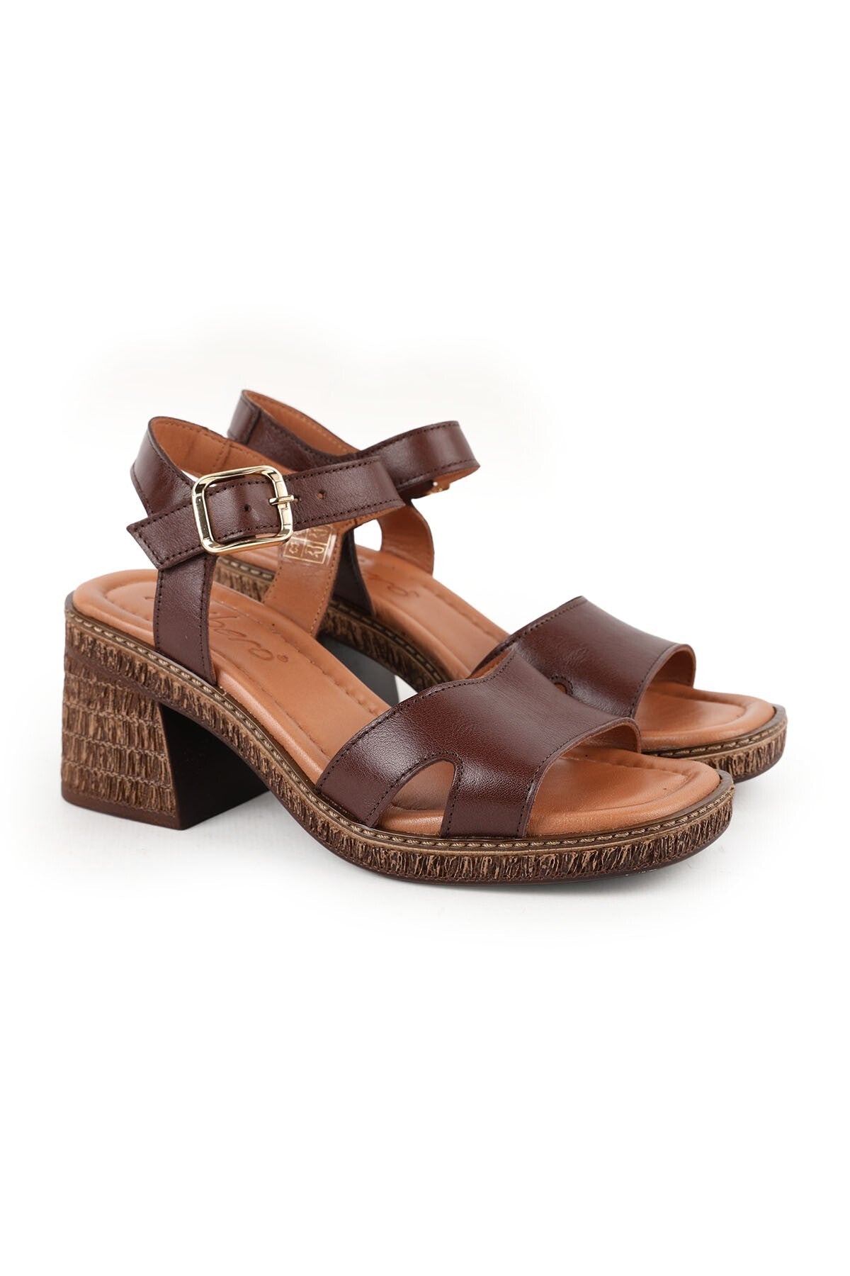 Women's Sandals Mid-Heeled Square Toe Thick Heel Banded Antique Faux Leather L024.260507 - MALLTURK