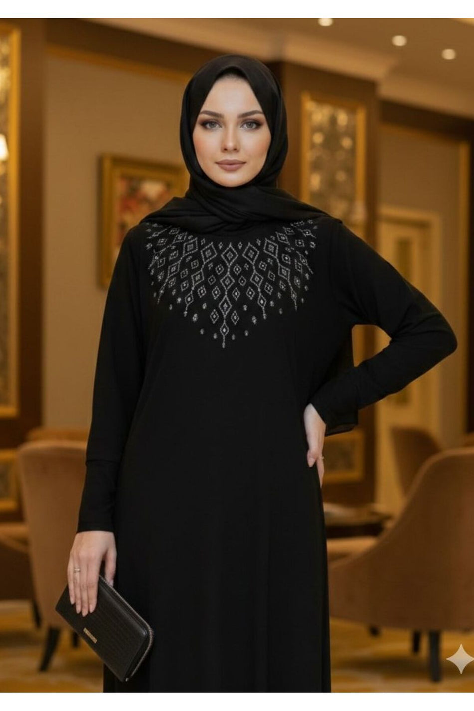 Women's Sandy Stone Detailed Black Hijab Dress Plus Size - MALLTURK