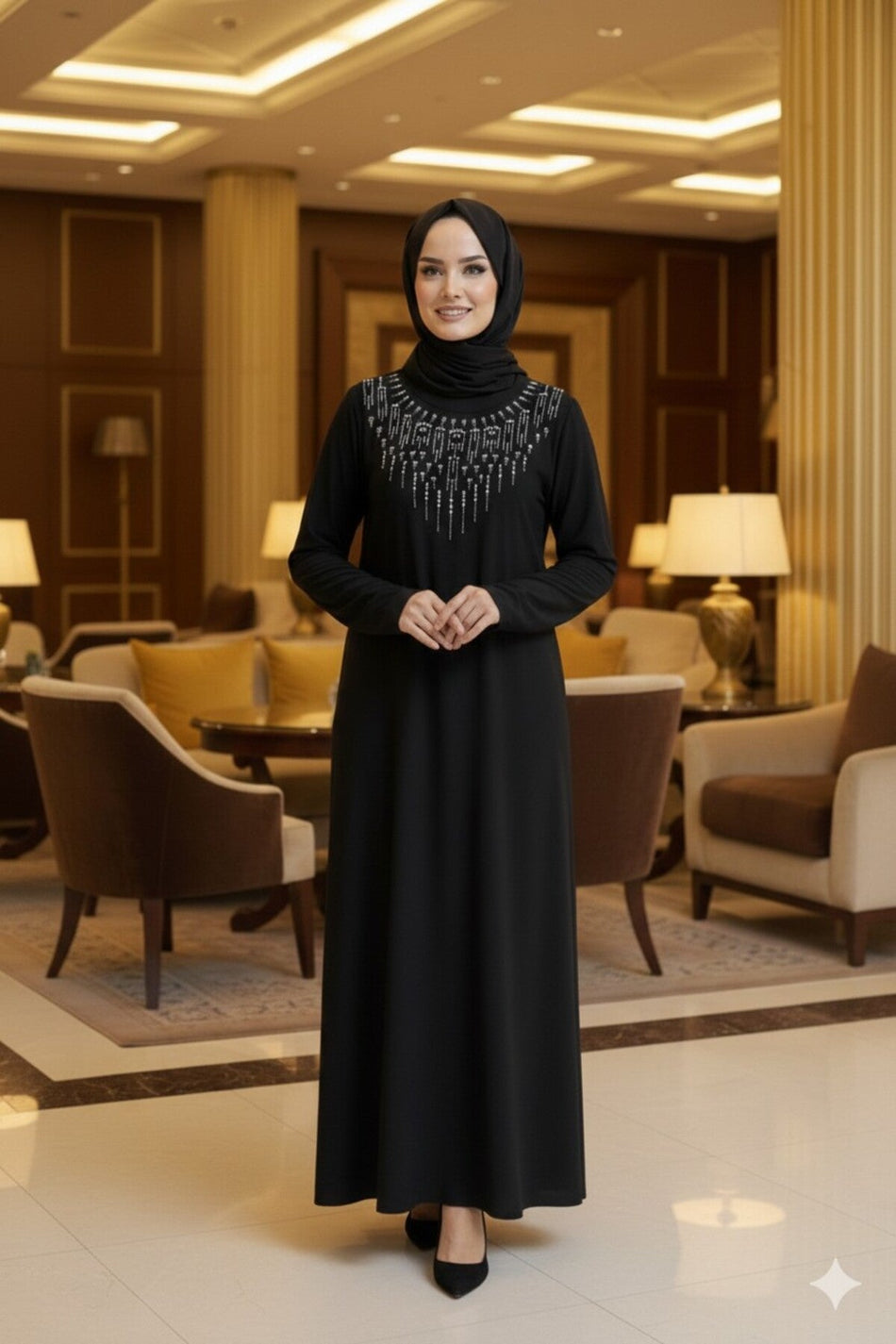 Women's Sandy Stone Detailed Black Hijab Dress Plus Size - MALLTURK