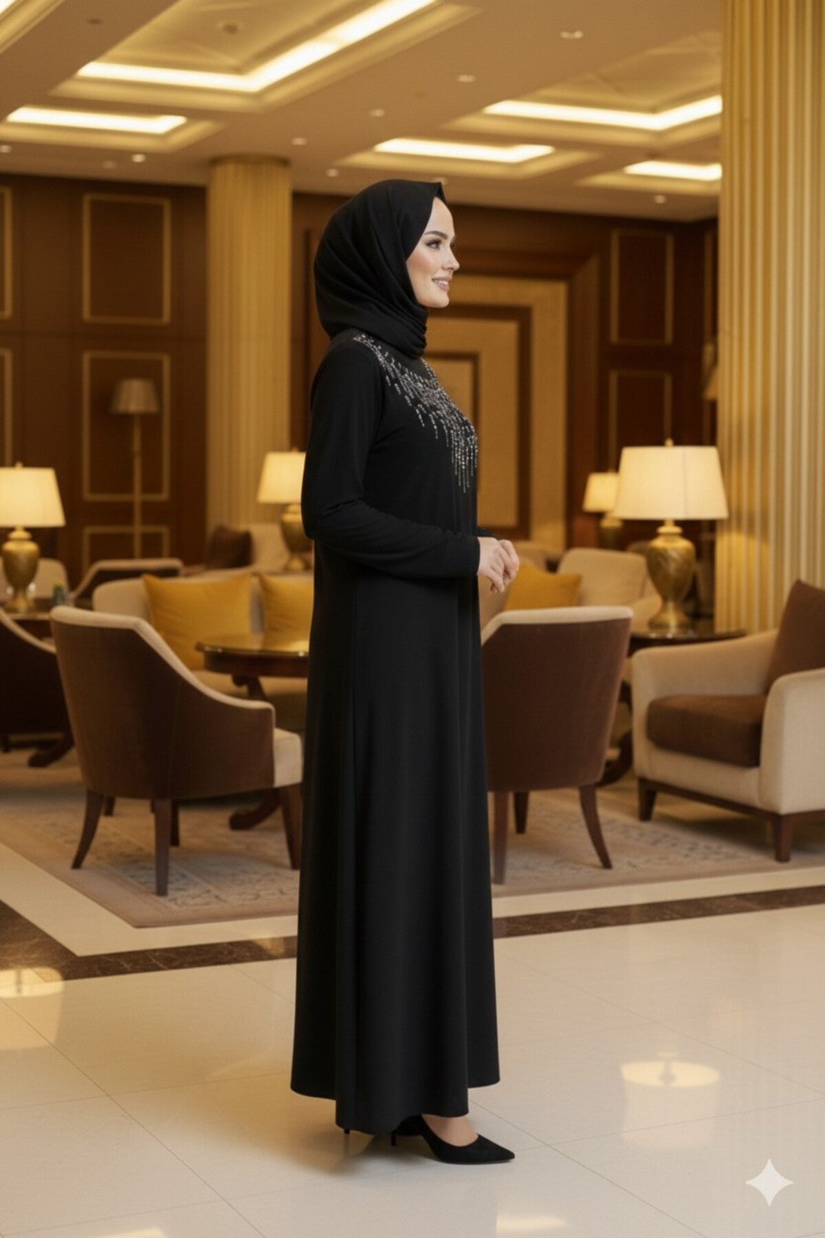 Women's Sandy Stone Detailed Black Hijab Dress Plus Size - MALLTURK